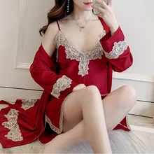 4 шт женские шелковые пижамы наборы кружева халат банные халаты невесты белье Ночная Пижама Femme домашний костюм красный