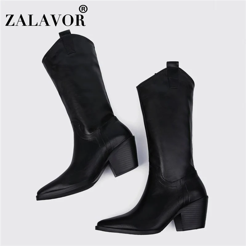 

ZALAVOR Slip On Women Mid Calf Boots Pointed Toe Women Shoes Winter Solid Color Street Style Ladies Casual Footwear Size 33-45