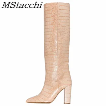 

Mstacchi Big Size 35-46 Crocodile Print Women High Heel Boots 2020 New Sexy Pointed Crude Heel Ladies Fashion Shoes Buty Damskie