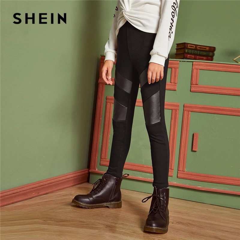 Tanie SHEIN Kiddie Girls czarny kontrast PU wysokiej talii jednokolorowe spodnie dzieci dna 2019 jesień w pasie spodnie typu casual dla dzieci