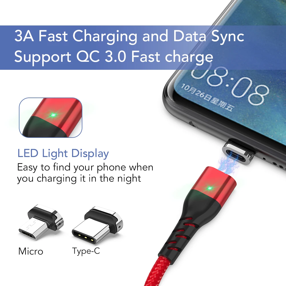 Магнитный usb-кабель A, кабель для быстрой зарядки USB type C, Магнитный зарядный кабель Micro usb для зарядки и передачи данных, кабель USB для мобильного телефона