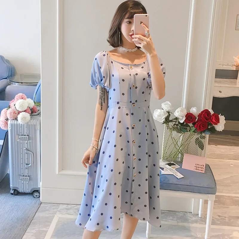 

2019 Summer New Style Short Sleeve Double Color Polka Dot Puff Sleeve Double Purpose Mid-length Pregnant Women Dress-Nursing