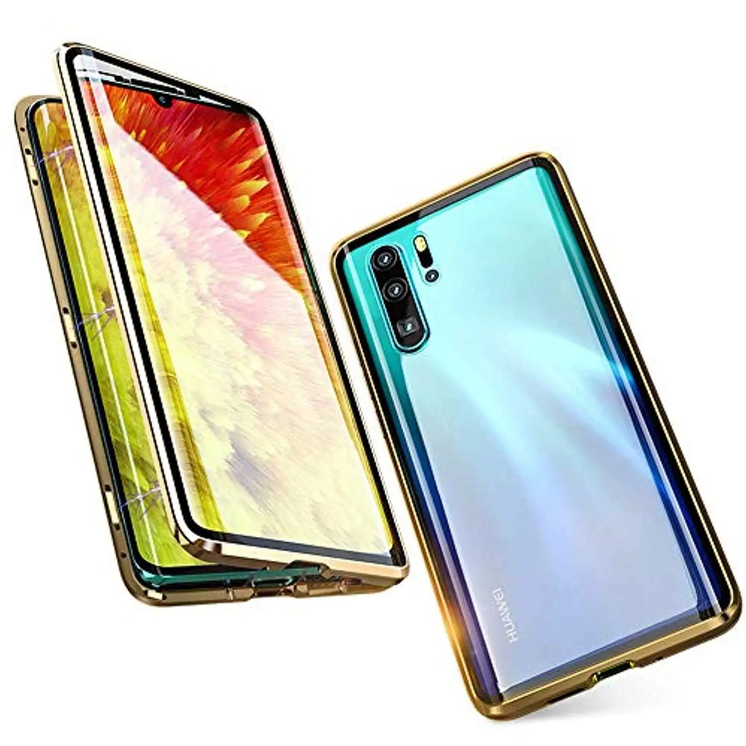 Gold 360 магнитный металлический алюминиевый бампер стеклянный чехол для huawei P30 Pro Nova 5i 5 4 Honor 20 10 Lite 8X 8A Y6 Y7 чехлы для телефонов - Цвет: Gold