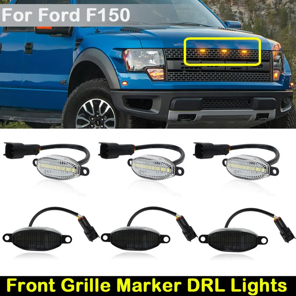 3 Pezzi Per Ford F150 Svt Raptor Lente Fumé Trasparente Ambra Led Griglia Anteriore Indicatore Luminoso Luci Drl