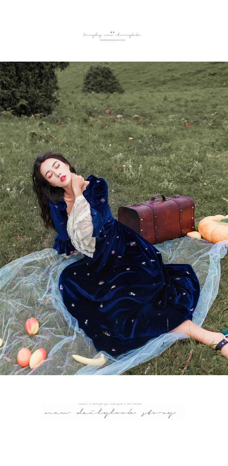 Осенние новые женские платья Vestido винтажное Ретро Кружевное платье с длинными расклешенными рукавами