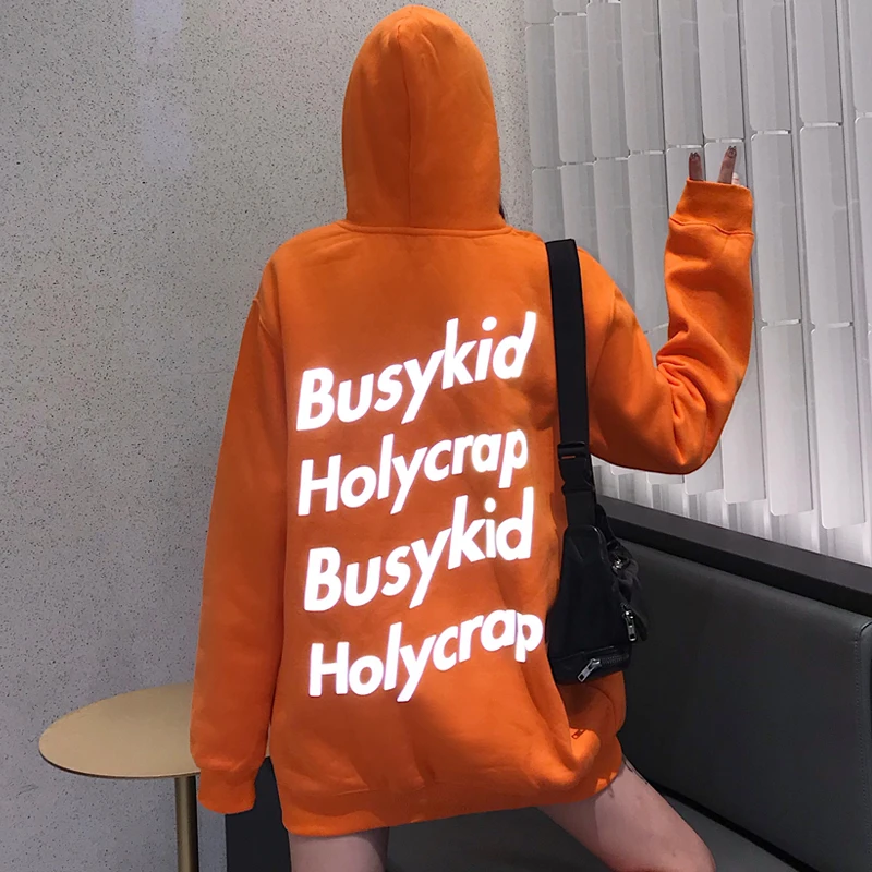 Harajuku Reflective Women Hoodie letter print Winter fashion Solid color hip-hop streetwear night shiny pullovers clothes - Color: Orange