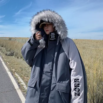 

Men's Winter Coat Jackets Thickened And Warm Woolen Collar Youth Cotton-padded Clothes Tide Ins Color Patchwork Jacket Clothing