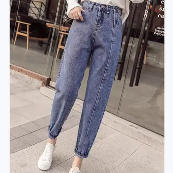 

2019 Autumn Plus Size High Waist Denim Harem Pants Button Boyfriend Ankle-Length Jeans Tight Waistl Loose Trousers
