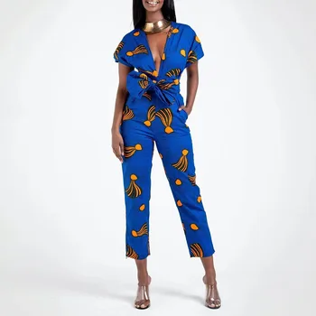 

Floral Print Sexy Casual Jumpsuit Women Lace Up DIY Free Style Blue Boho Beach Overalls Summer 2020 African Ethnic Fashion Thin