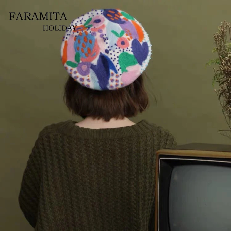 Faramita, праздничные красочные Поп-граффити, волнистые шерстяные фетровые французские береты ручной работы, шапки художника для женщин, детей, родителей и детей, берет