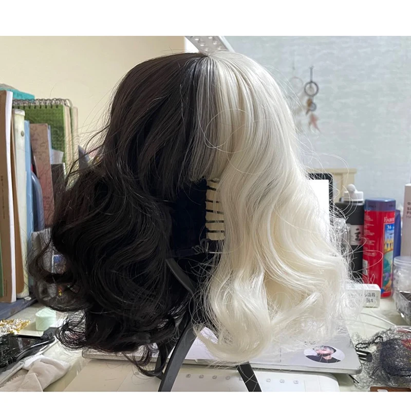 sexy halloween costumes for women High Quality Cruella de Vil Cosplay Wig Black White Blond Short Cruly Hair Heat Resistant Synthetic Hair Party Wigs + Wig Cap plus size costumes