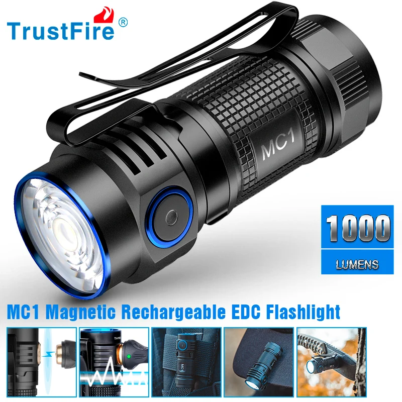 Trustfire MC1 Edc перезаряжаемый фонарик 1000 люмен Cree Xp-L Hi Led Мощный Ipx8 Магнитный заряд 2a