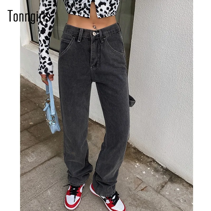 

Tonngirls Summer High Waist Jeans Casual Loose Boyfriend Jeans For Women Black Y2k Vintage Jeans Streetwear Denim Pants 2021