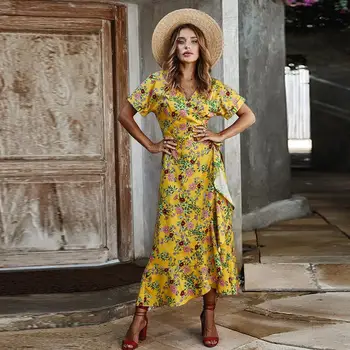 

Boho Dresses for Women Flower Print V Neck Hight Waist Short Sleeve Mid Carf Dress Beach Dresses Print Sundress #20