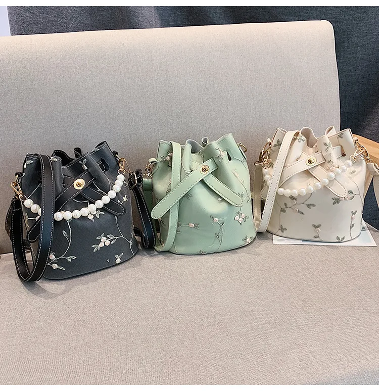 

Fashion lace net yarn bag bucket bags for women 2020 new pearl chain handbag floral shoulder bag soft drawstring crossbody bags