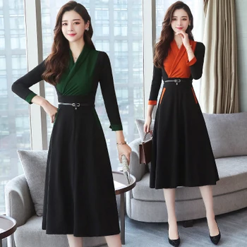 

Spring Autumn Korean Style Women Slim Patchwork Midi Dresses Elegant Fashion A-line Formal V-neck Female Work Wear Business