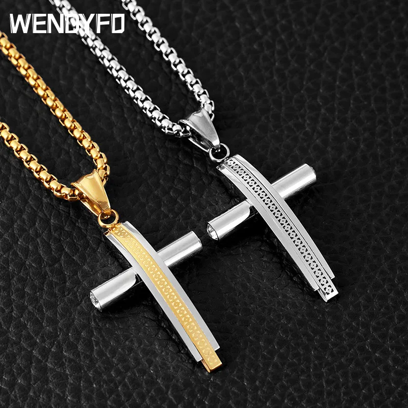 

New Stainless Steel Cross Necklace Gold Color Crucifix Pendant For Men Punk Hip Hop Necklaces Religion Cross Male Jewelry Gift
