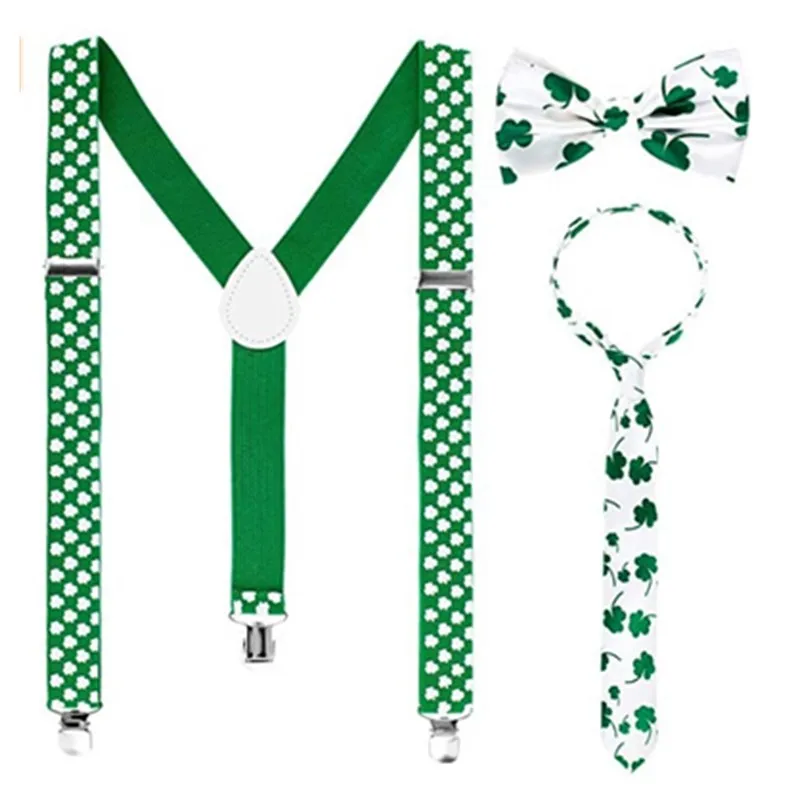 

St. Patrick's Day Green lucky Clover Bow Tie Strap Three Piece Set Irish Party Adult Cosplay Costume Decoration Accessories
