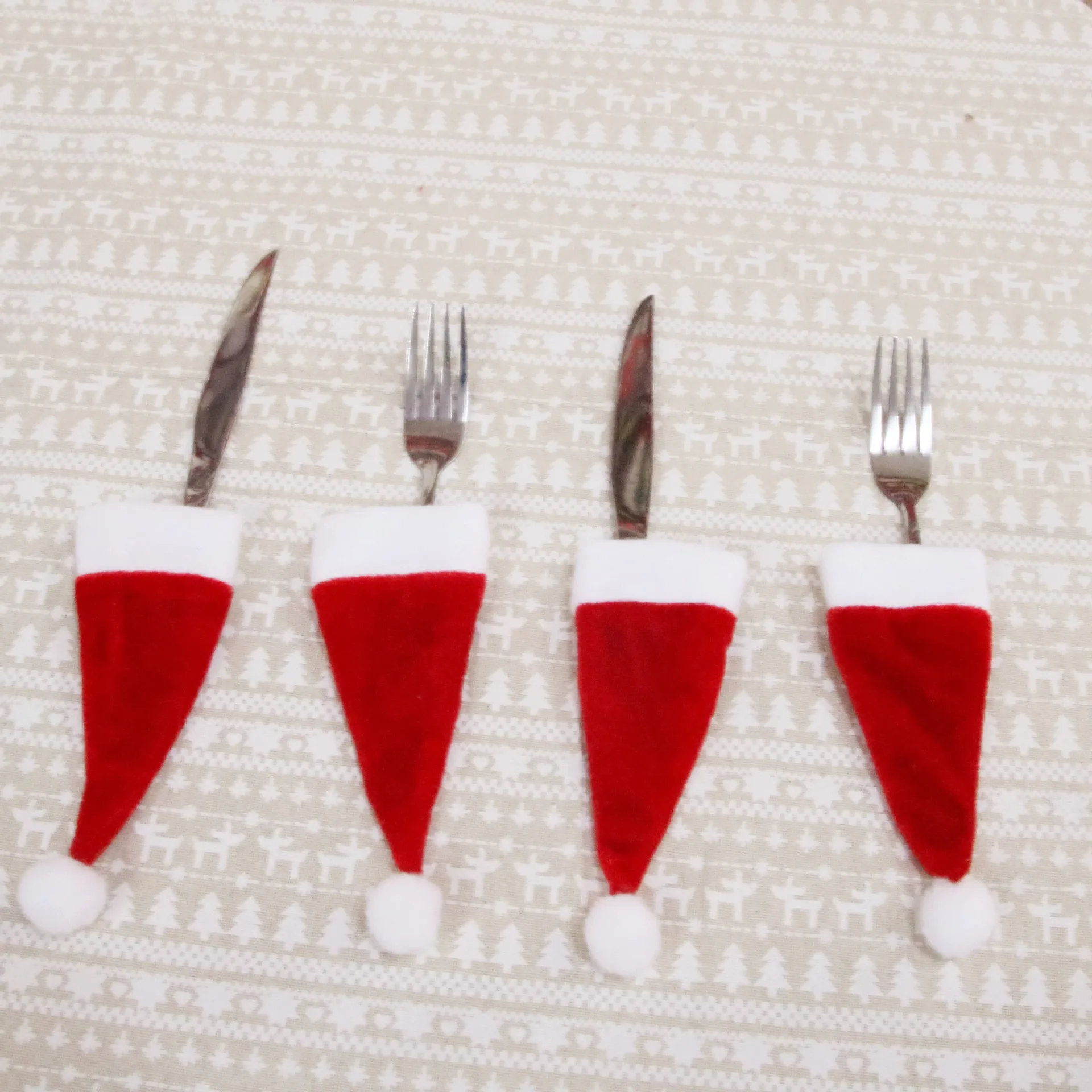 Christmas Decorative Tableware Fork Knife Wine Bottle Cover Red Hat Dinner Tool Cloth Tableware Xmas Decor Ornament