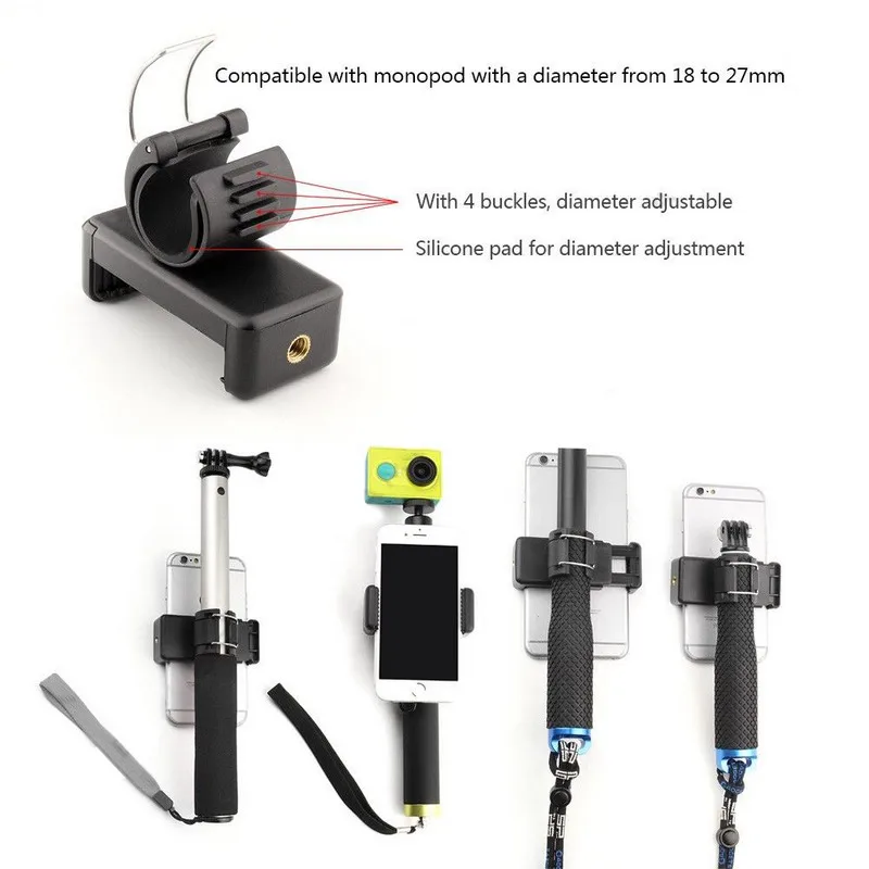 Adjustable Selfie Monopod Phone Mount High Quality Phone Lock Clip Holder Adapter for Gopro Hero 4 3+ 3