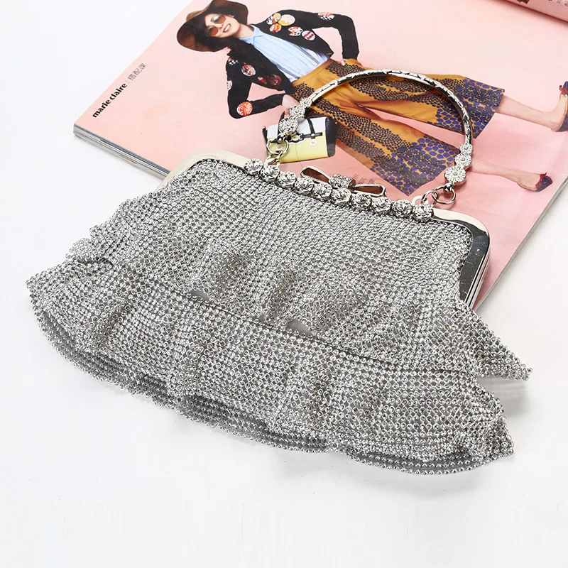 

Crystal Diamond Studded Shining Women Evening Bag Sequin Ruched Skirt Clutch Purse Metal Frame Handbag for Party Banquet