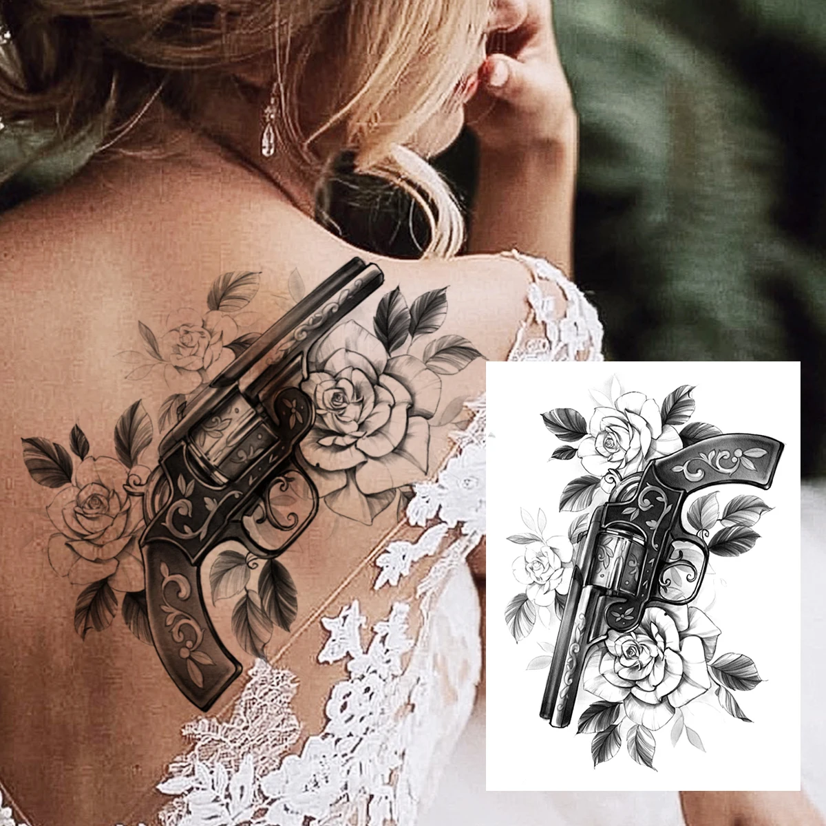 Buy Triangle Gun Rose Tattoos Flower Black Sketch Graphics Figure Online in  India  Etsy