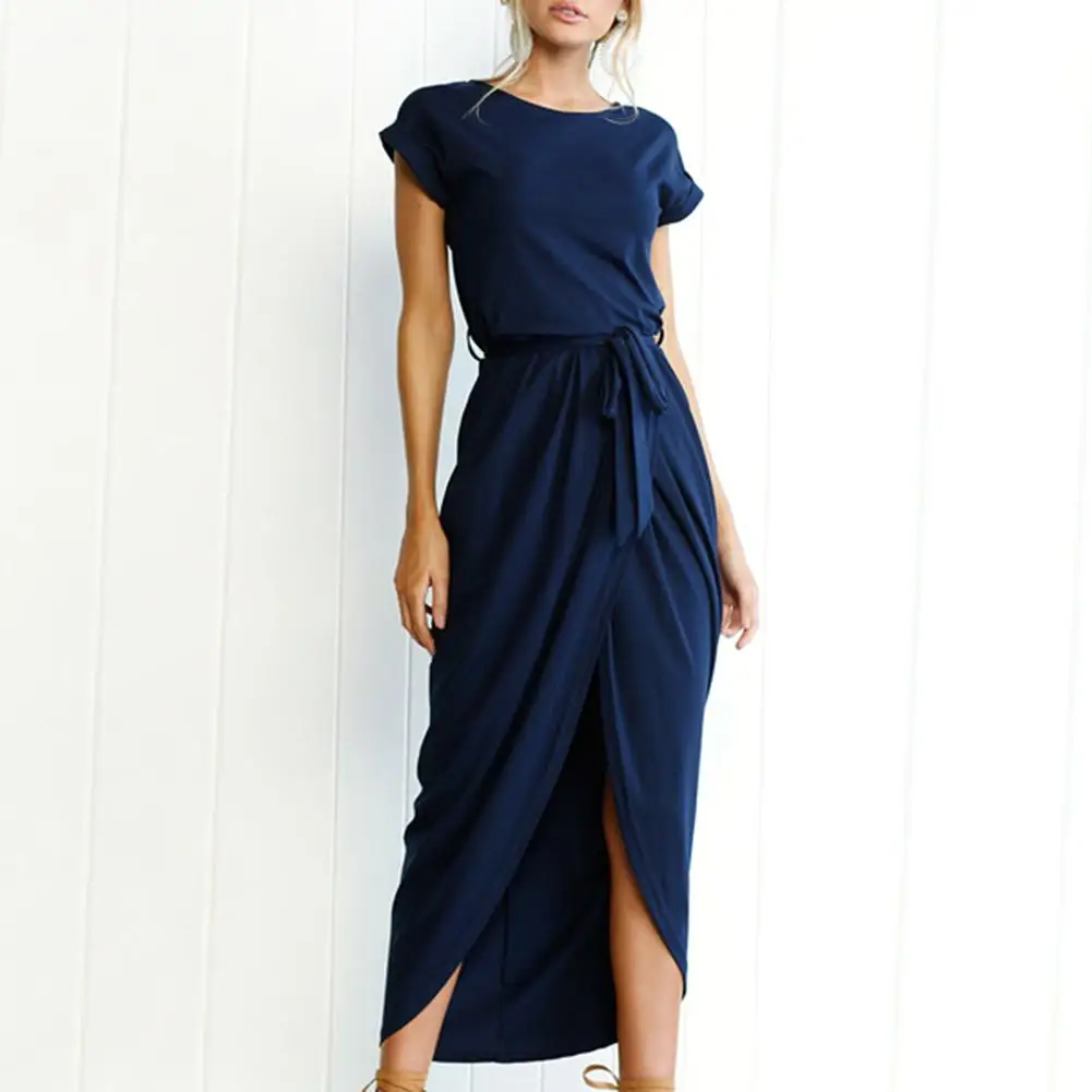 Dress Women stretch knit long dress casual split irregular thin belt