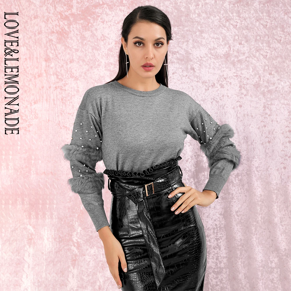 

LOVE&LEMONADE Gary Round Neck Pullover Feather Beaded Trim Loose One Size Short Sweater LM90088 Autumn/Winter