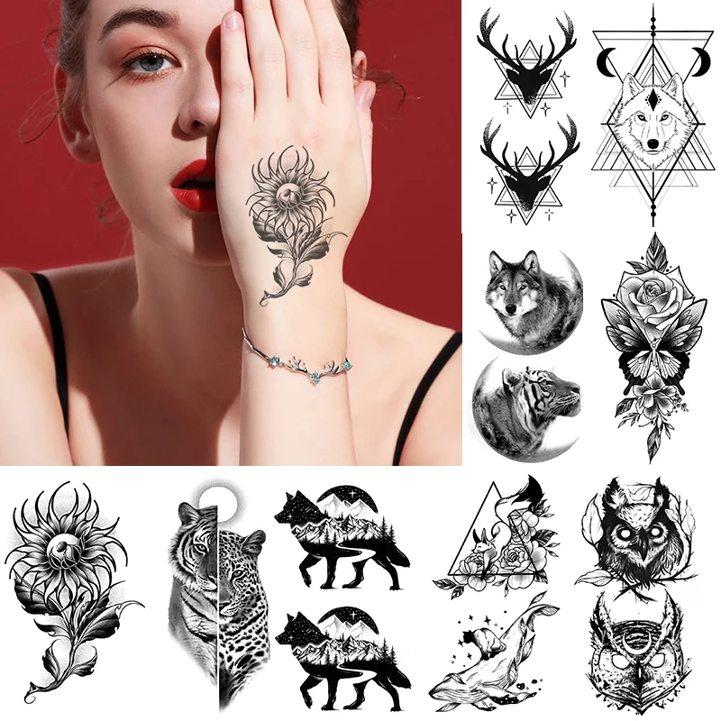 

Водостойкая Временная тату-наклейка, олень, сова, волк, тигр, животное, черная флэш-тату, искусственная тату, боди-арт для женщин и мужчин