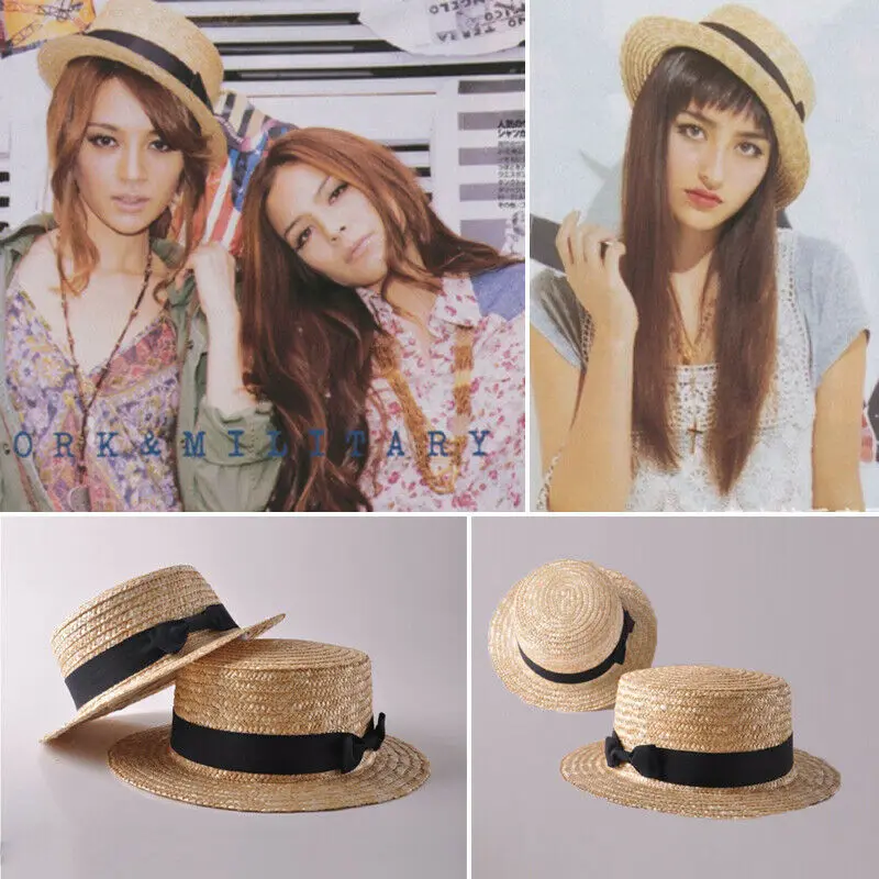 Women's Kids Girls Straw Bowler Boater Sun Hat Round Flat Caps Brim Summer Beach