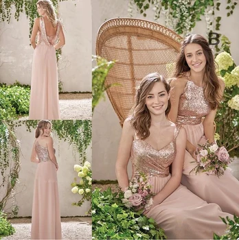 

2020 Rose Gold Bridesmaid Dresses A Line Spaghetti Backless Sequins Chiffon Long Beach Wedding Gust Dress vestido de festa longo