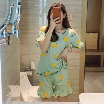 

Summer Women's Sleepwear Cute Cartoon Print Short Pajamas Set Sweet Short Sleeve Printed Milk Silk Nightwear Set