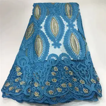 

New Embroidery Aqua African French Tulle Lace with Luxury Stone Lace Fabrics for Women Dress Beaded Lace Fabric