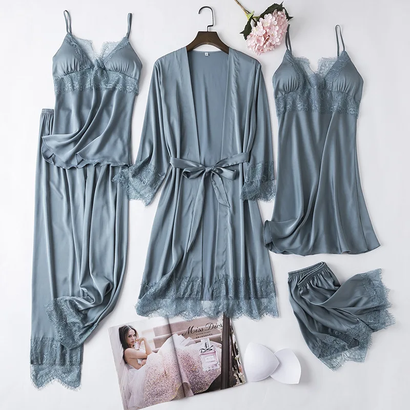 섹시한 풀 슬립 레이스 화이트 실크 잠옷 세트 여성 Chemise 신부 웨딩 가운 잠옷 잠옷 기모노 목욕 가운 란제리