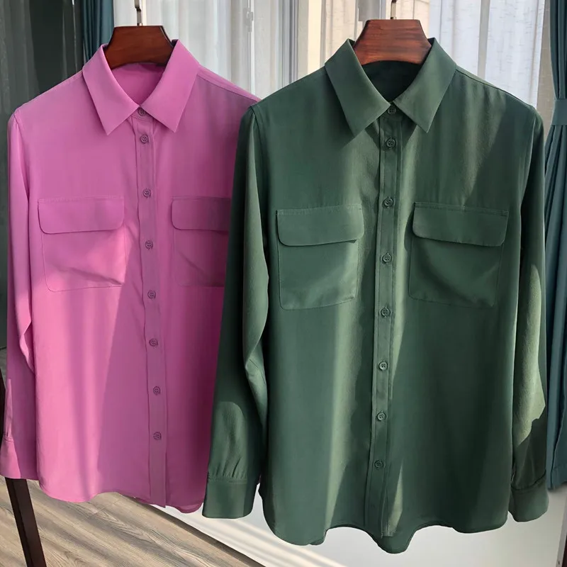Women's Turn-down Collar Blouse 100% Silk Solid