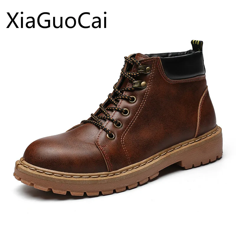 

Retro Round Toe Mens Martin Boots High Top Autumn Male Tooling Boots Lace Up Pu Leather Mens Ankle Boots Army Shoes