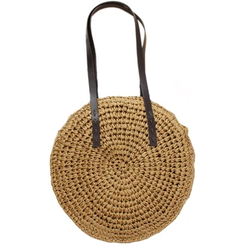 

Handmade Round Shoulder Bag For Women Female Handbag Summer Bohemian Beach Bags Hand-Woven Circular Travel Tote(Khaki)