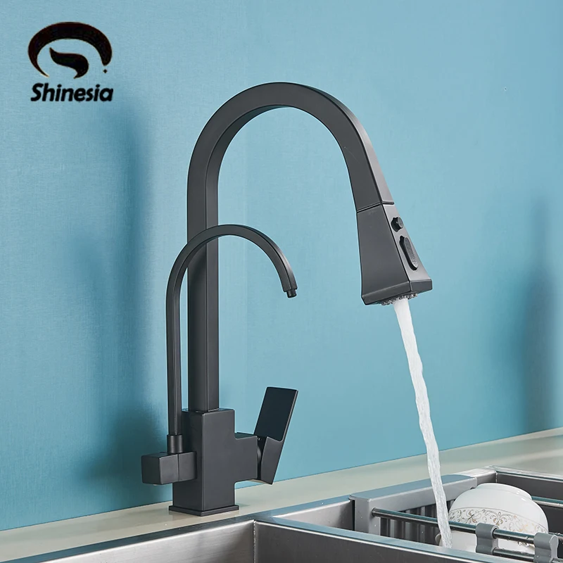 Shinesia-grifo purificado negro mate para cocina, rociador extraíble, agua potable, grifo mezclador de agua caliente y fría, grúa de agua pura