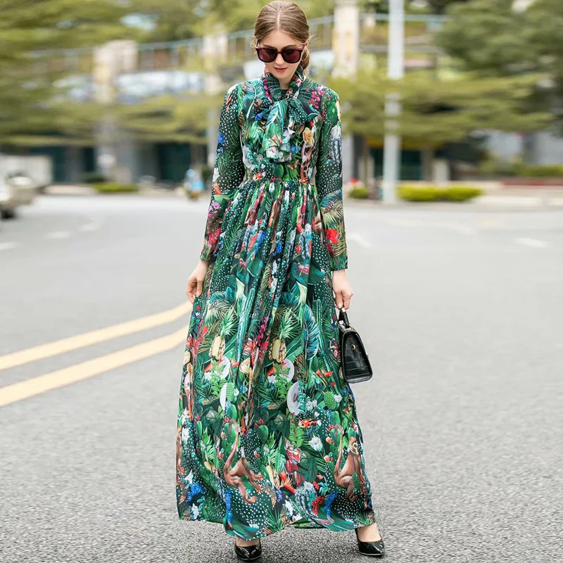

2020 Season Suit-dress women summer Bow Chalaza Printing Chiffon Long Dress fashion woman clothes