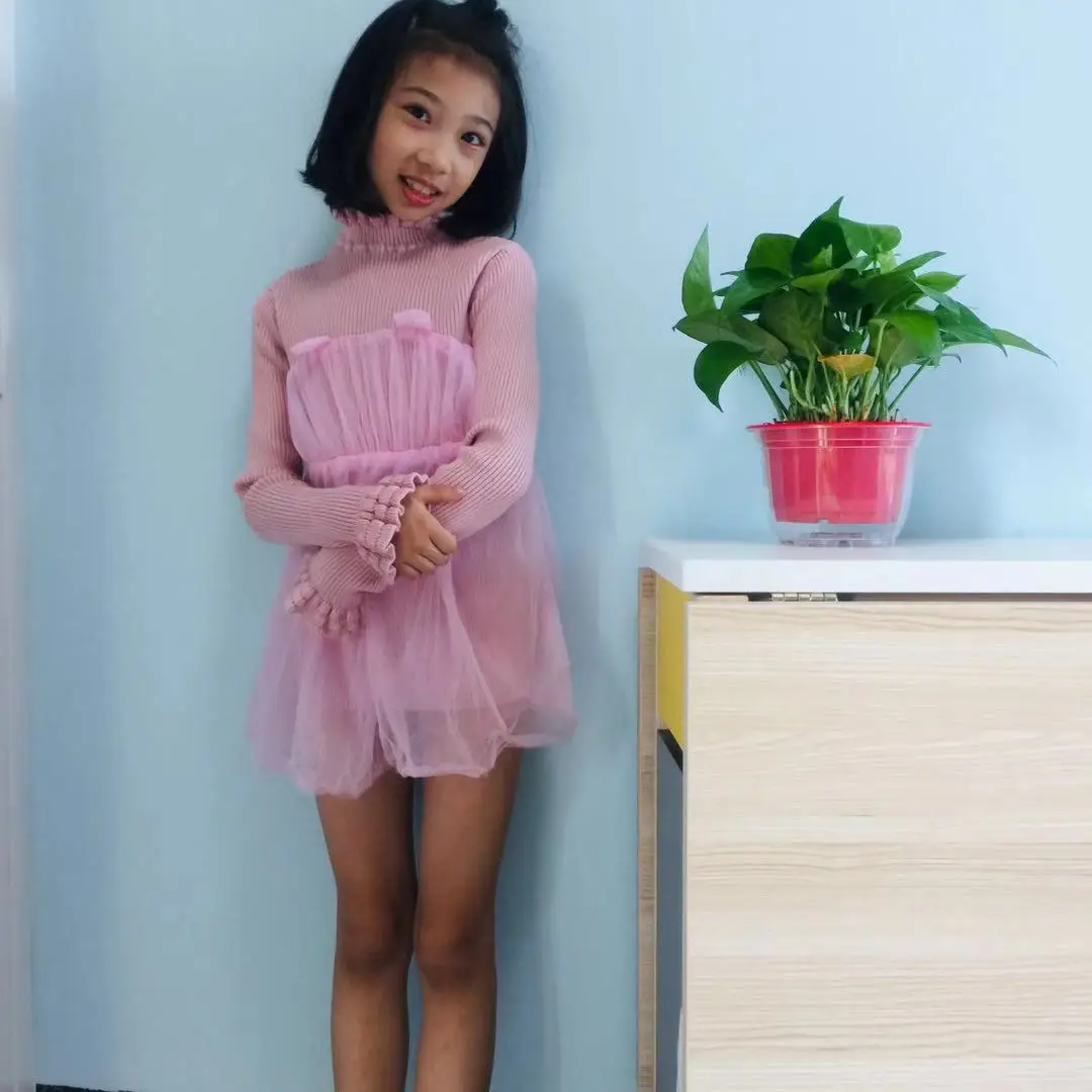 

INS Autumn And Winter Girls Korean-style Jersey Dress Fairy Kitten Skirt Mesh Dress Baby Girls Versatile Sweater