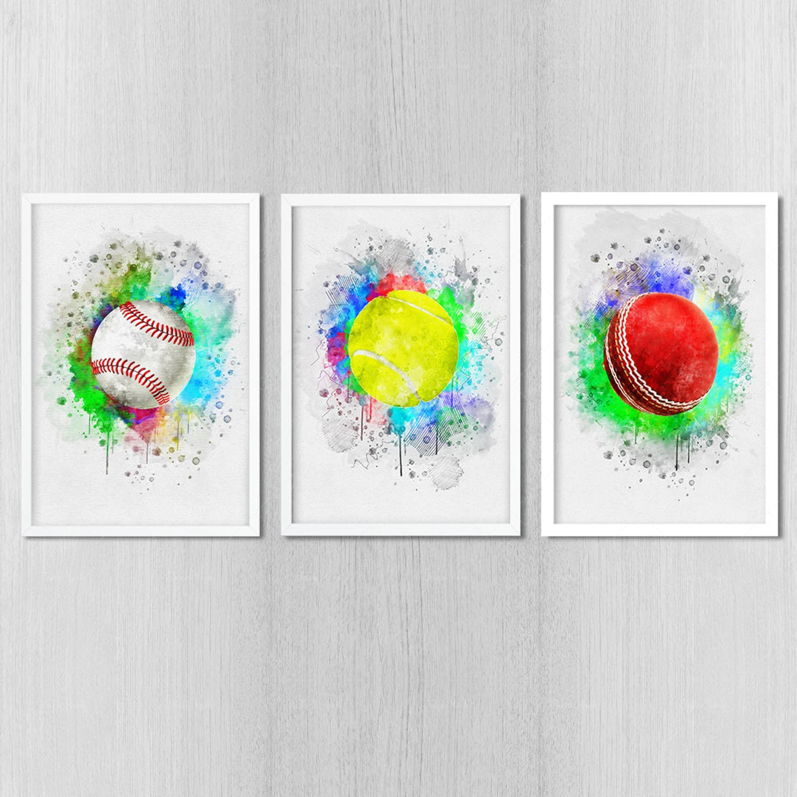 Baseball Tennis ball Cricket Triple set posters Wall watercolor decor Sport art Valentines gift | Дом и сад