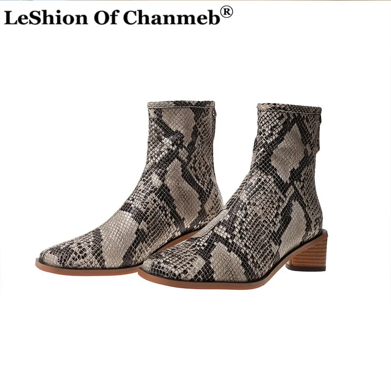 

Hot Noble Genuine leather Snake print Ankle short Boots for Women Mid-heels Square Toe Goddess boots Ladies Fall Winter Boots
