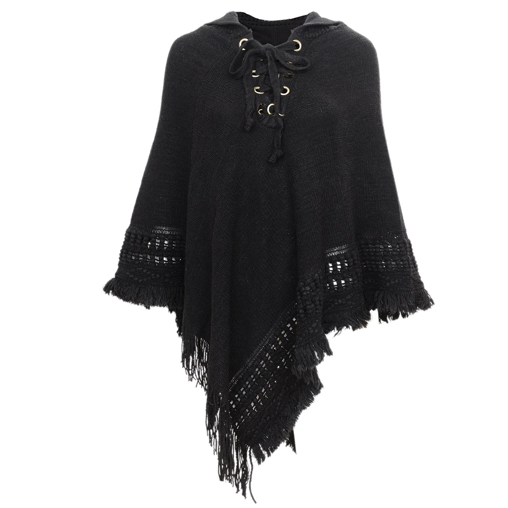 2019New Ladies Hooded Poncho Solid Color Cape With Rope Tassel Crochet Knitting Poncho For Women Pullover