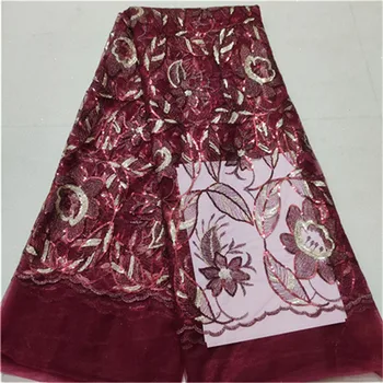 

2019 NEW French Nigerian sequins net lace,RED African tulle mesh lace fabric high quality for party wedding dress 5yards/lot