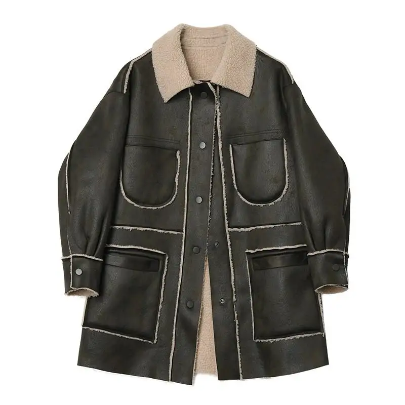 

Winter Warm Suede Lambskin Long Vintage Coat Turn-Down Collar Women Autumn Pocket Plus Size Moto Streetwear Leather Coat