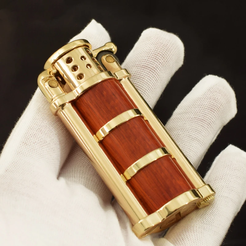 

Creative Metal With Rose Wood Fuel Kerosene Cigarette Lighter Luxury Grinding Wheel Metal lighter Cap ejection Smoking Lighter