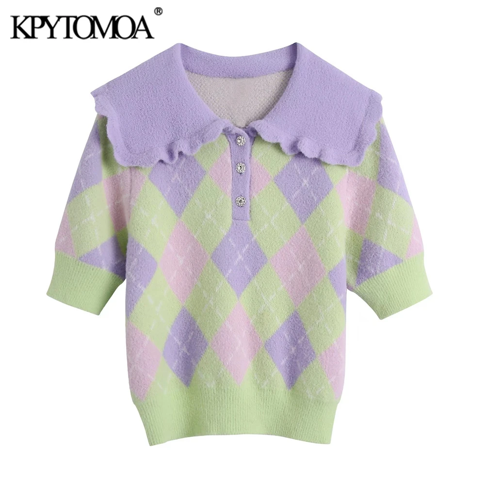 woolen sweater KPYTOMOA Women  Fashion Ribbed Trims Argyle Knitted Sweater Vintage Short Sleeve Button-up Female Pullovers Chic Tops long cardigan