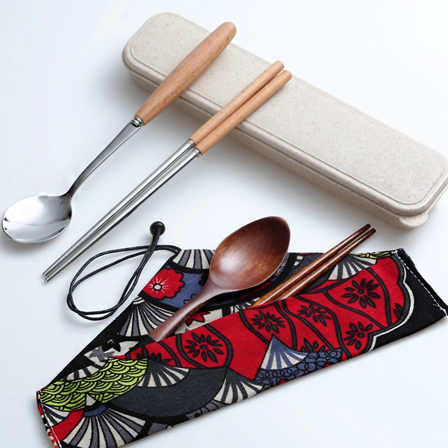 Japanese Wooden Chopsticks Spoon Set Box Adult Children Portable Travel Kitchen Cutlery Tableware Bag Outdoor 5CD | Дом и сад