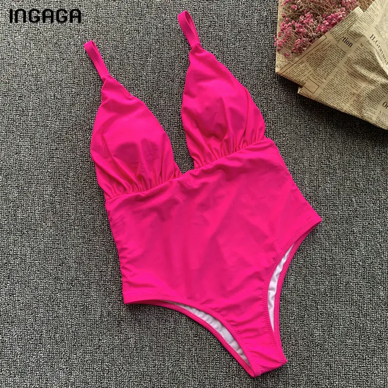 

INGAGA Sexy Deep V One Piece Swimsuit Push Up Swimwear Women Solid Bathers Ruched Bathing Suit Women New Strap Bodysuit 2019