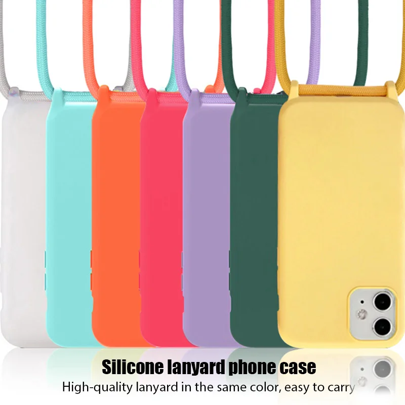 Funda de cuerda de goma de color puro para iphone, 11, 12, Xs Pro Max, Mini cinta, collar, cordón, para iPhone 7, 8 Plus, X, XR, SE, 2020